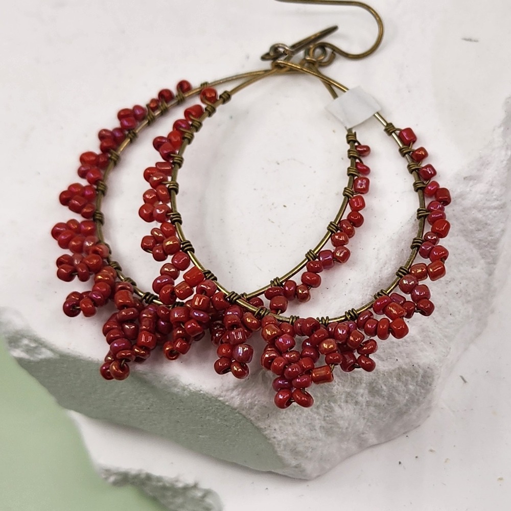 Red Glass Seed Bead Hoop Earrings Antique Brass Tone Boho Statement Festival
